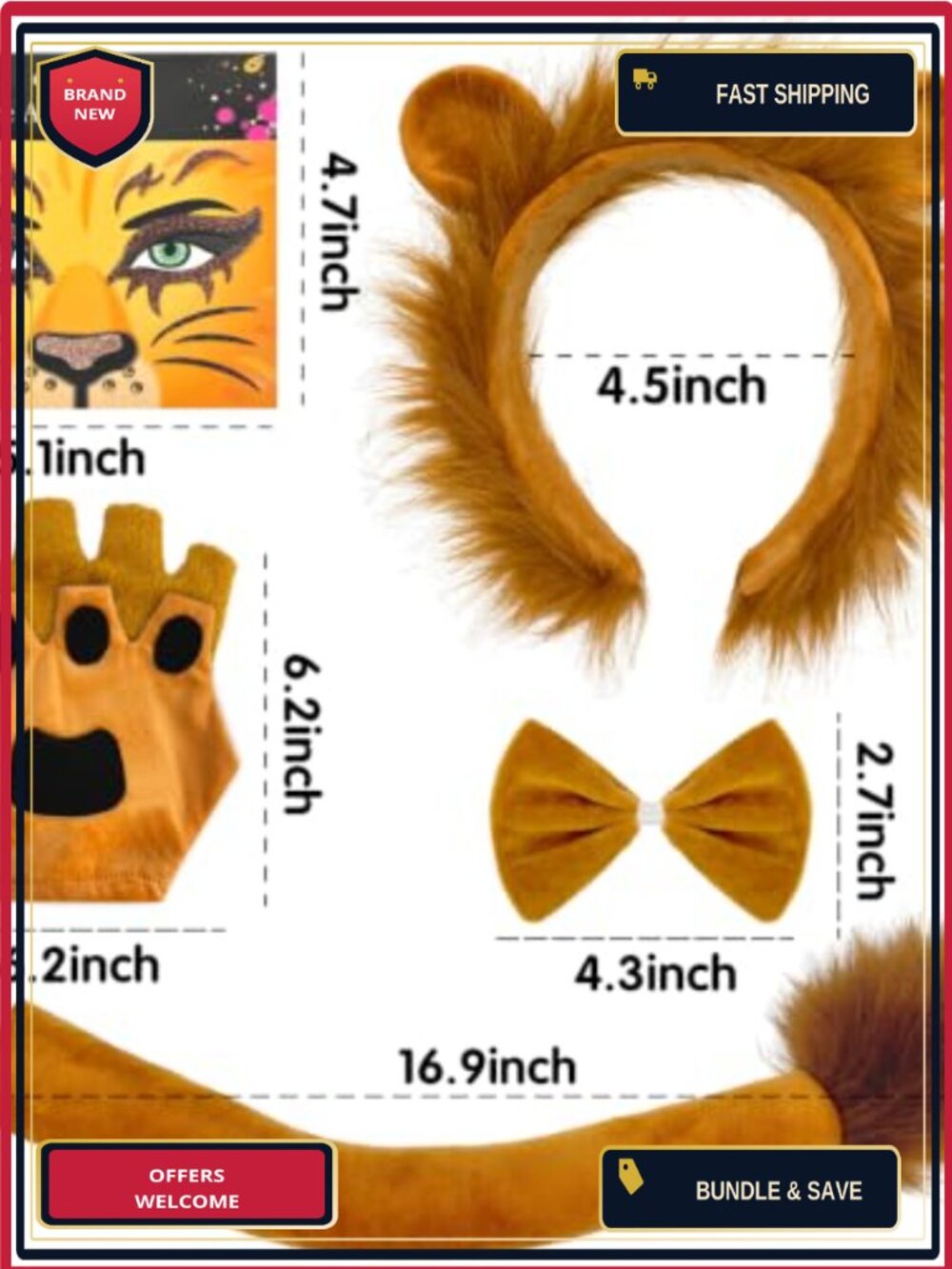 5 Piece Lion Costume Set for Women Halloween Accessory Kit - Picture 5 of 6